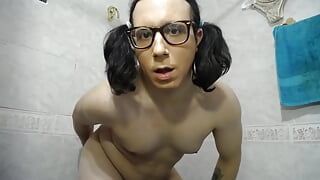 Anal slut Lara White sissy big dildo anal masturbation in the shower
