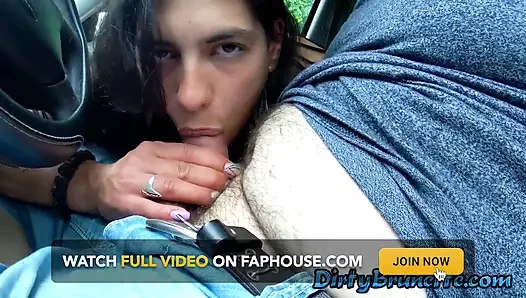 Sexy brunette suck cock in the car