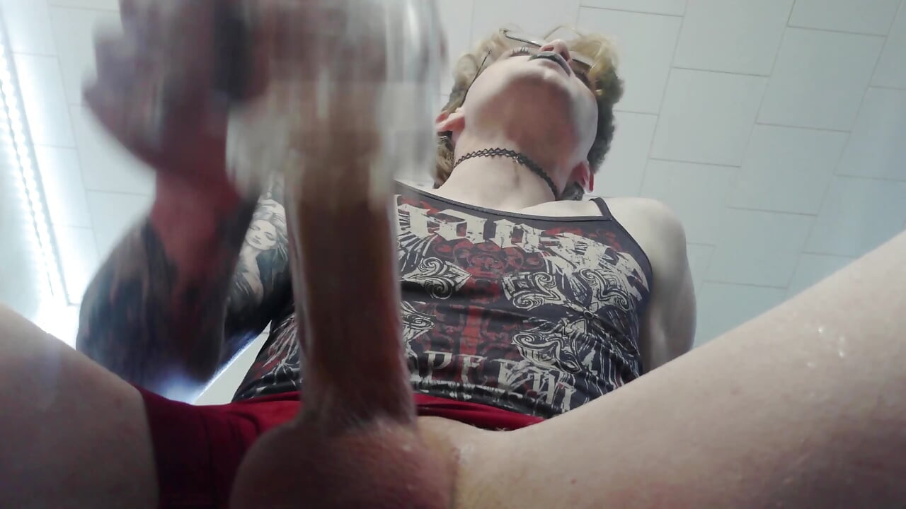 Pov between thighs - strawberry blonde goth femboy long edging session + cum drips down at camera