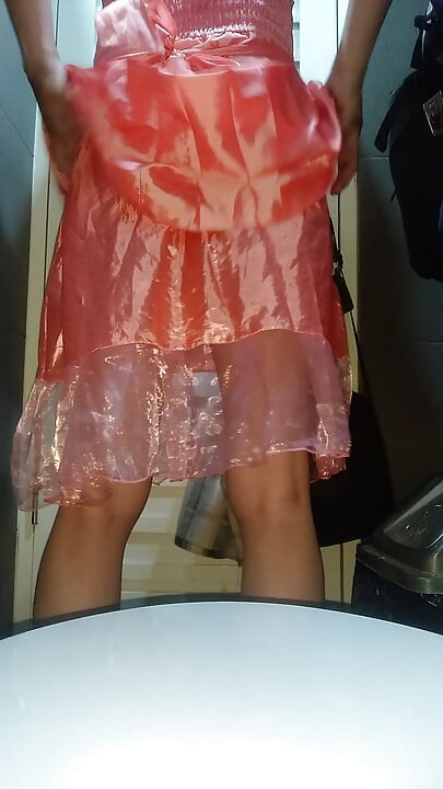 Crossdressing and cum wearing girl cute satin pink party mini dress