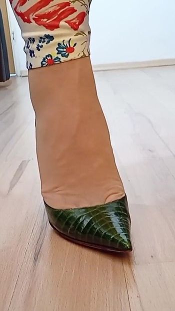 Crossdresser Walks in Sexy Snake Leather Pointed Toe Casadei High Heels Pumps