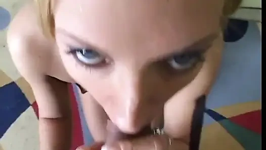 Pretty blond slut with blue eyes gives blowjob then stud cums on her tight ass