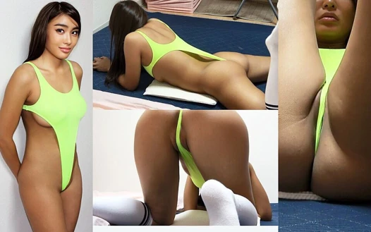Hochbeiniger Micro-Tanga-Trikot Eat-in-erotisches Fitnesstraining, beobachte ein natürliches, üppiges japanisches schwarzes Mädchen, das in einem Mädchenwohnheim lebt