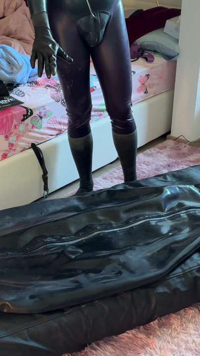 Wife drives her husband to orgasm with ESTIM in Inflatable Full Body Latex Bondage Bag. Restricted Breathing - Gagged  Butt Plug | Clip 2