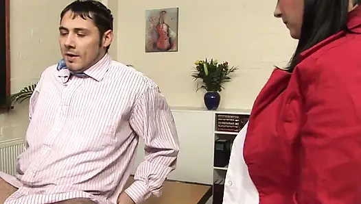 Big boobed brunette in college uniform enjoys in the classroom fuck