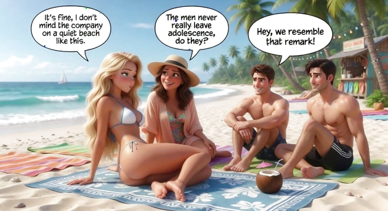 Married Blonde's Beach Tease Becomes Wild House-spel med man och unga män (AI genererad)