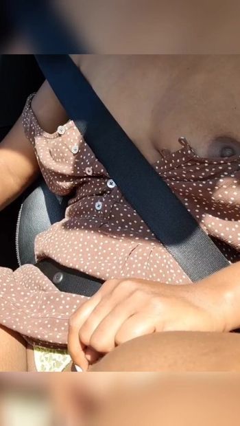 Girl showing the boobs our boy friend driving and fingering pusssy