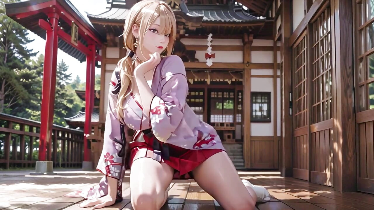 Blonde Goddess in the Japanese Corridor, Lazy Gazes, Hand on Hips, Sunlight Drenching Her Skin