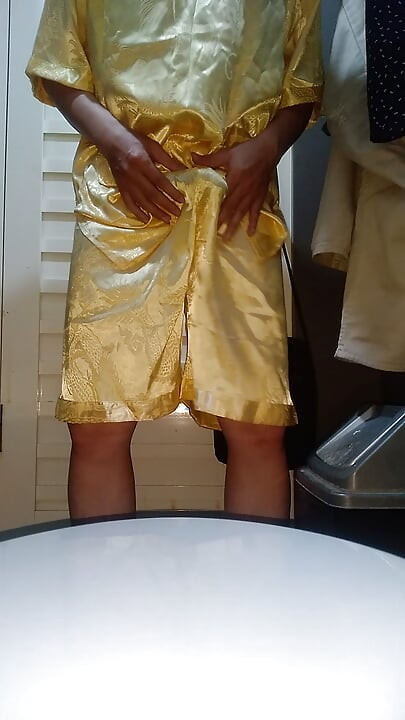 Crossdresser cum wearing satin pajamas