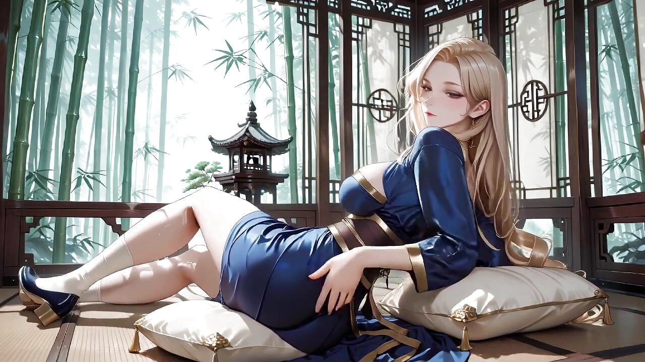 Blonde Goddess in Silk! Lazy Strolls, Kneeling Glances, and Fingertips Grazing Her Chest in a Sun-drenched Japanese Corridor