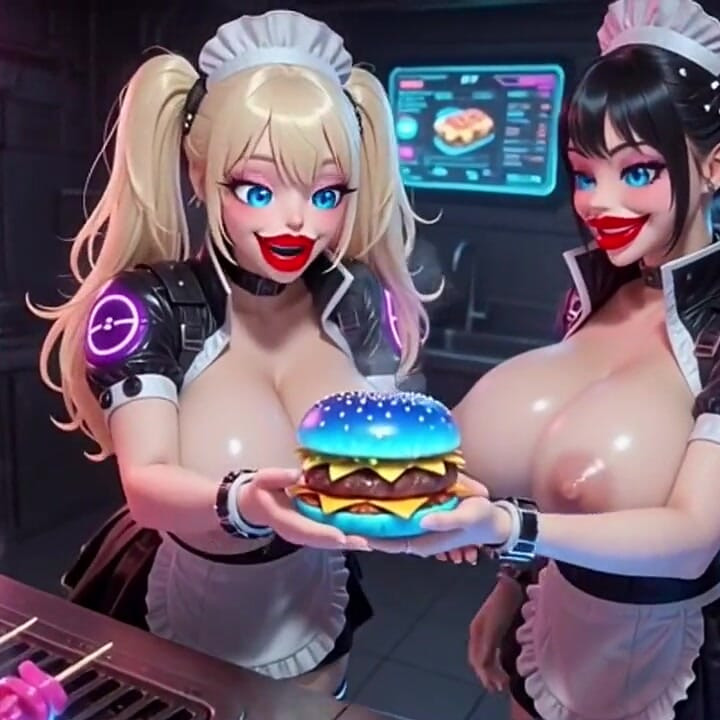 Two Cute Women Working at Cyberpunk Corner, Ai Animation