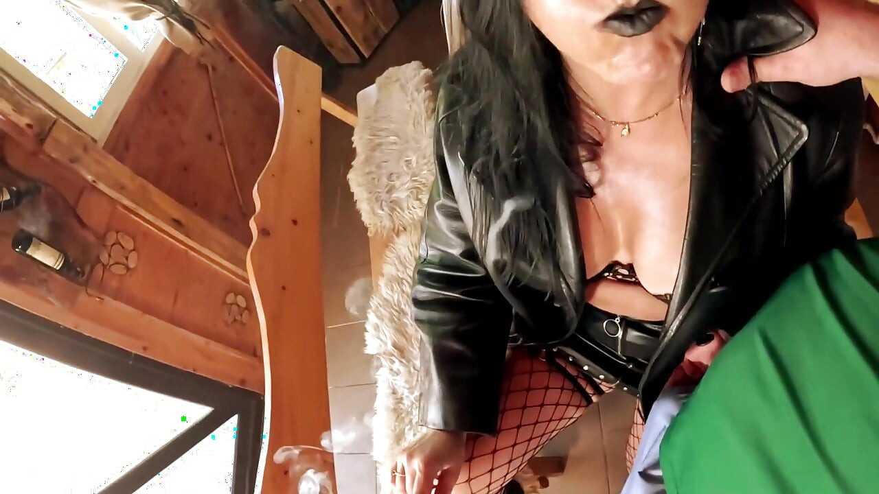 Amazon Smoking MILF in Leather, Big Cigar Blowjob, Doggy and Double Cum on Clothes and Hair