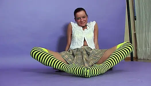 Cheerful Amelia gives a blowjob while doing the splits, then gives her teen ass to be fucked