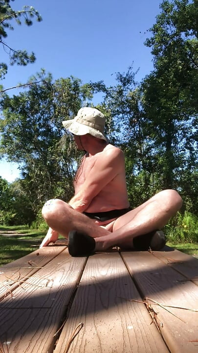 Naked Bench Yoga and Stretching on the Nudist Hiking Trail