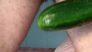 cb6000s chastity device while riding a big cucumber