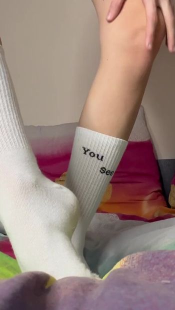 Worship of big feet in socks - Goddesses with big soles walking next to you - a giantess teases with her long white socks