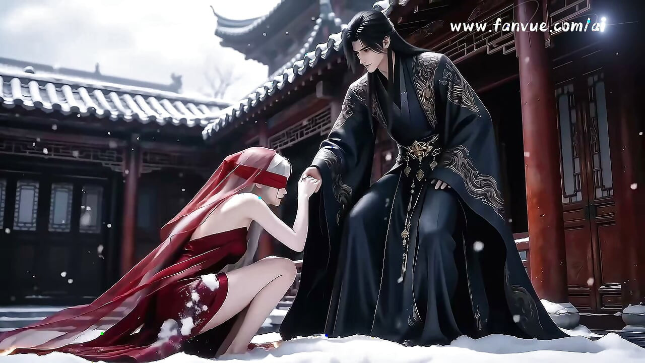 A Chinese classical beauty with skin as white as snow, dressed in red and with white hair. Blowjob, cum, episode-2, AI-generated