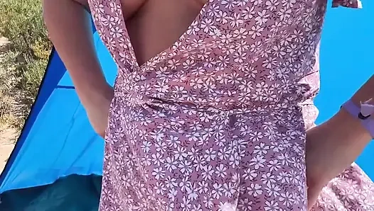 Flashing Pussy Outdoors in a Wrap Dress No Panties