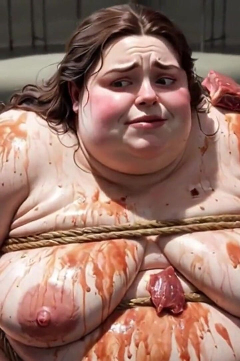 Humiliated BBW Slave Tied and Stuffing Her Belly Deep
