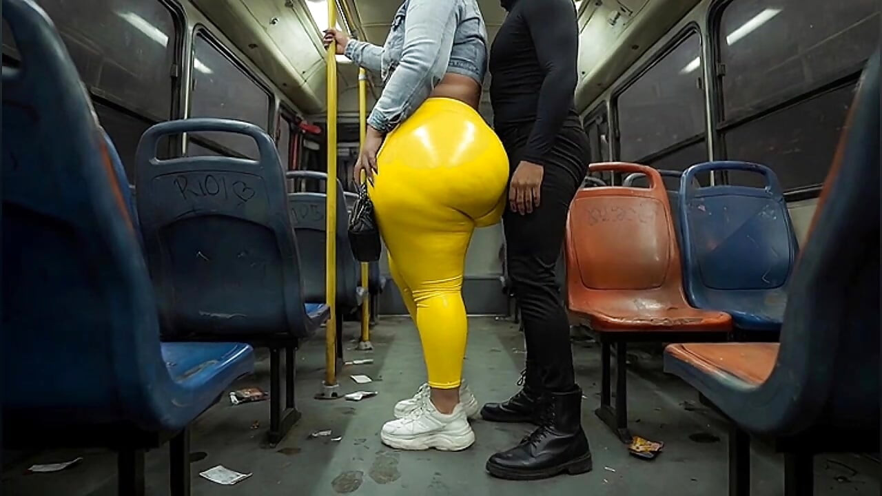 "Masked BBW Teases Huge Ass in Shiny Yellow Leggings on Public Bus"