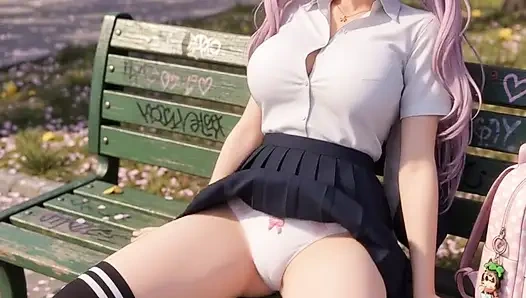 Pembe kıllı hentai kız öğrenci cosplay açık havada park bankında mastürbasyon yapıyor ve sikişiyor