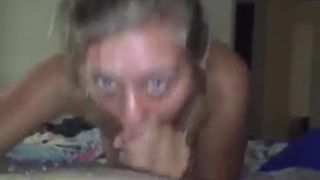 Blonde girl gives blowjob to chubby and hairy guy