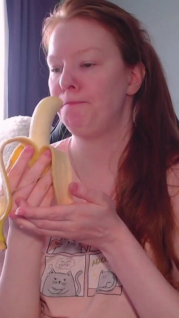 Key moment from "It's time for a sweet snack! This banana looks soooo much like your dick! Look how greedily I suck it!"