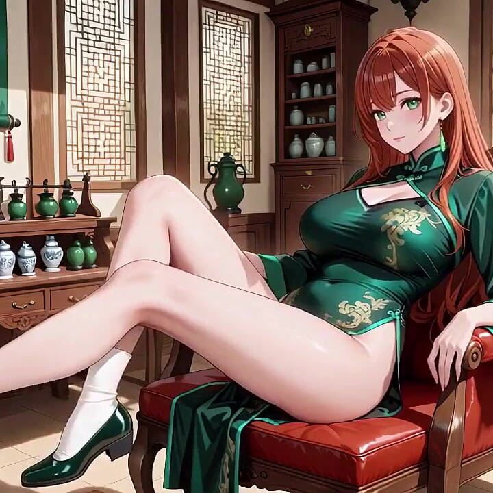 Red Hair & Emerald Qipao! Lazy Seduction in the Eastern Courtyard