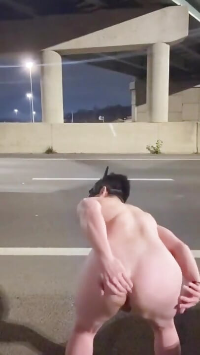 Highway Bridge Exposure: Asian Muscle Hunk Flexes Bare Naked, Dangles Dick & Jerks off for All