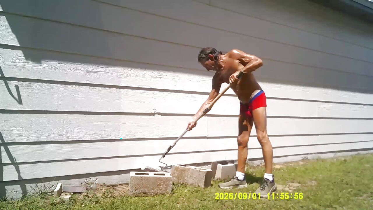 9-1-2026 COBRA CRAIG PAINTS IN HIS TINY RED SHORTS. 64YO. IN THE HEAT AND HUMIDITY.  ROCKS IT