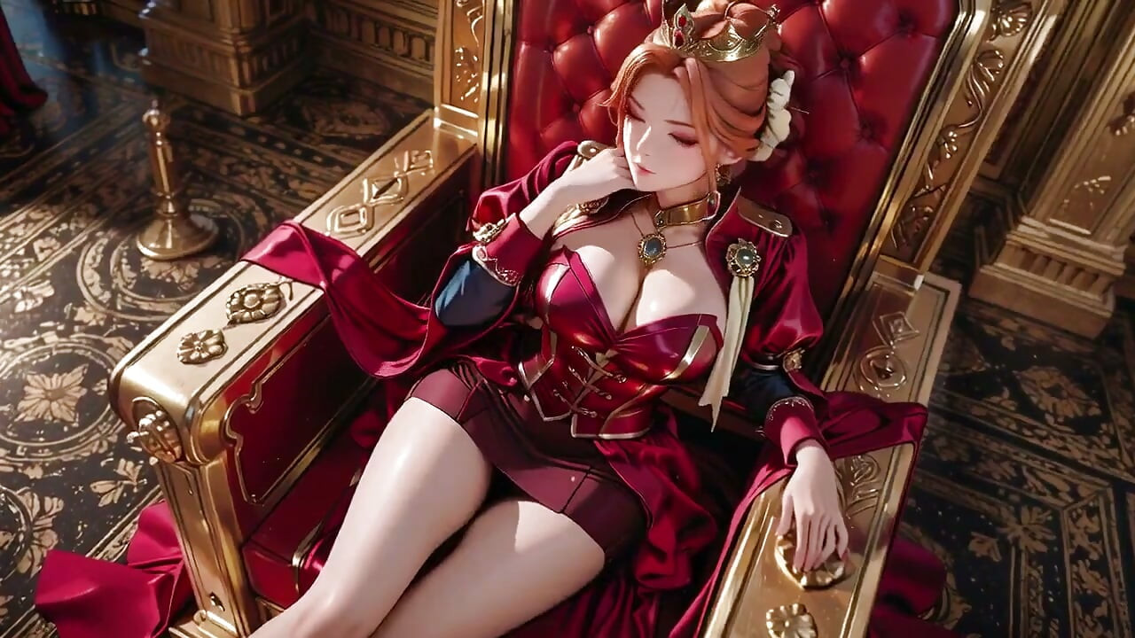 Red Queen on the Golden Throne! Deep Velvet Gown, Lazy Chin Rest, and a Gaze That Locks Onto You. Is She a Ruler or Prey?