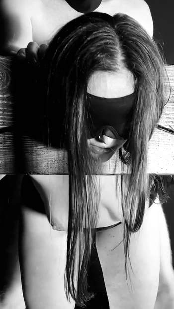 Stunning moment from "Topless Blindfolded Brunette Sex slave in stocks sucks cock and gets fucked"