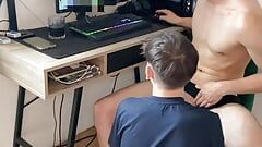 Step brother sucks my big cock while i play game and make me cum