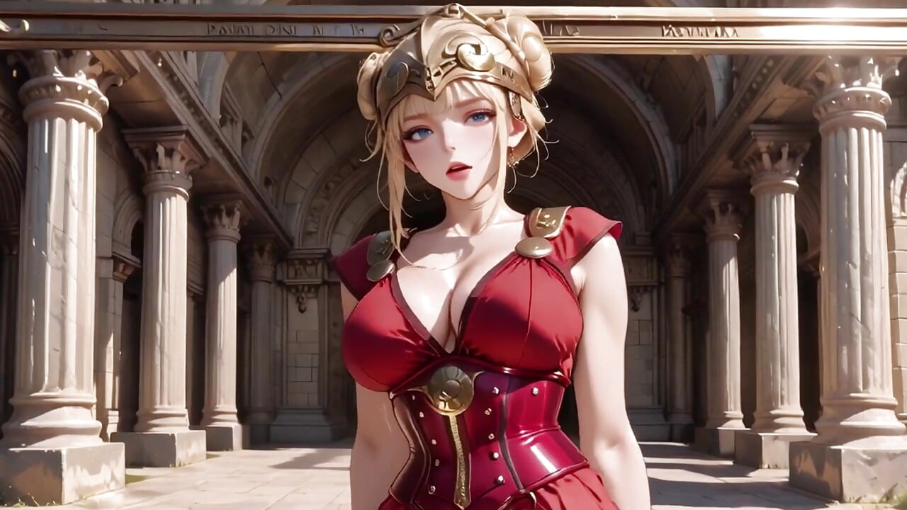 Red Armor Queen! Forbidden Gaze in the Roman Corridor, Skirt Lift Reveal, Hand on Lips Teasing You...