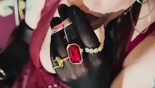 Red Leather & Cigarettes! Tina Snua Smoking A Cigarette Wearing Black Sheer Gloves & Jewelry