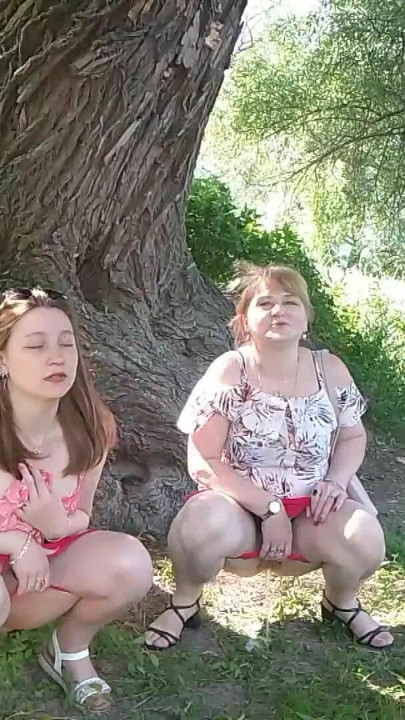 Two women girl and mature milf took off red panties peeing on side of road in public Pee Outdoor Outside  Lesbians kiss | Clip 1