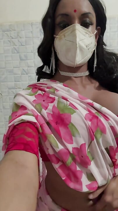 Crossdresser in Pink Saree Big Boobs