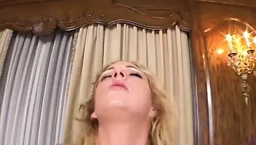 Blonde gets her hair grabbed and cum shot in her face after fucking