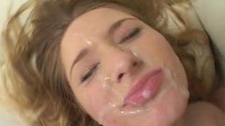blonde takes nice load of cum on her face