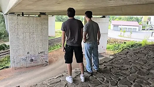 Risky Outdoor Gay Bareback Sex Almost Exposed While Facefucking & Pounding Boypussy Under a Motorway Bridge