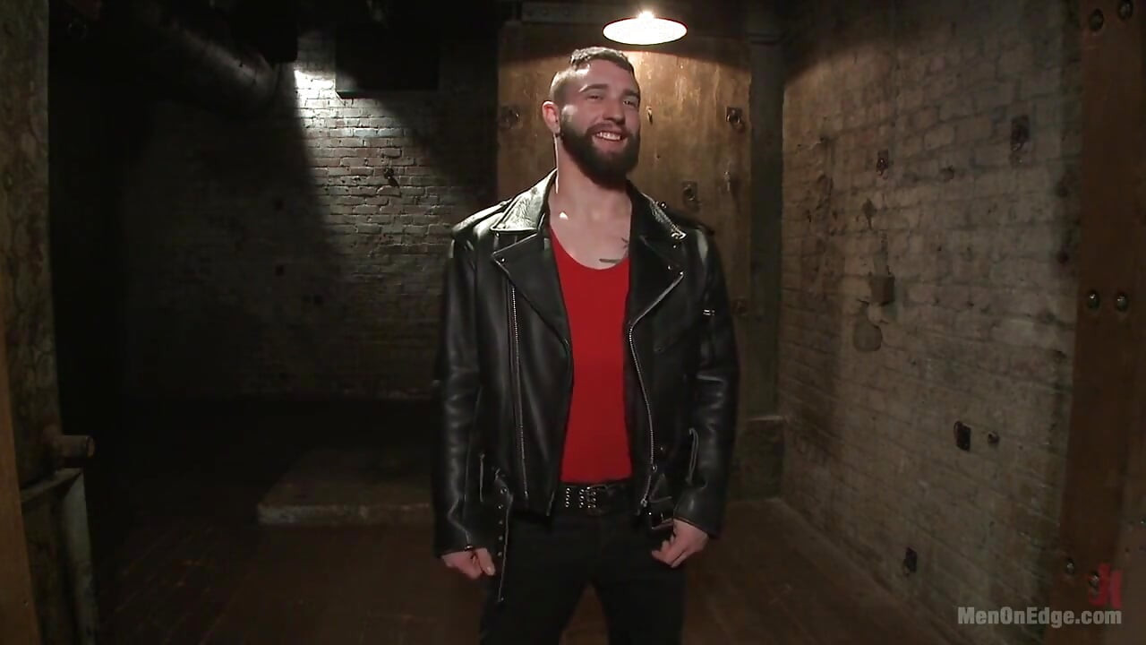 Suspended in a Center Split, Helpless Uncut Stud Blows a Huge Load!
