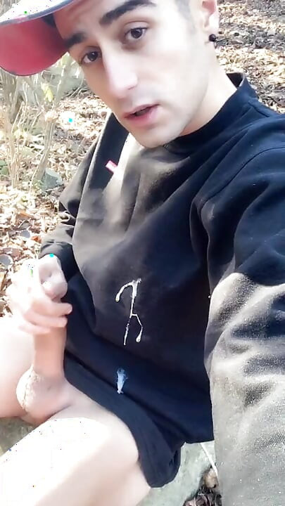 Huge Cumshot on Black Shirt in the Park