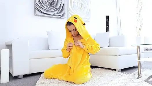 Amazing sexy Pikachu enjoys spreading her wet shaved wide hole