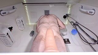 Rear view close up of me riding 9 inch dildo in the shower