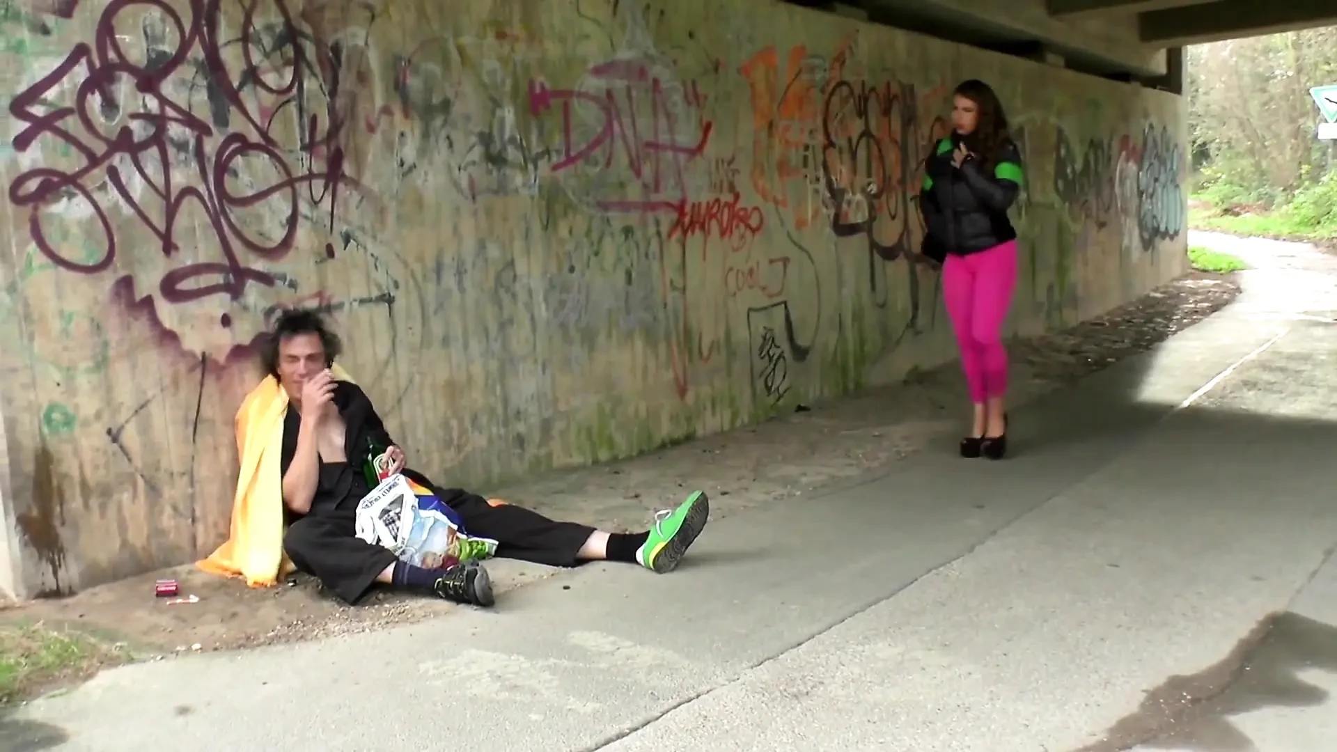 Big boobed milf takes vagabond older dirty dude for her pissing session with fucking