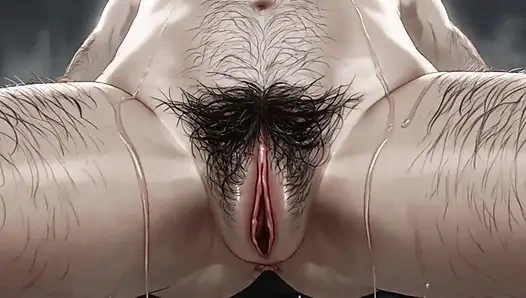 Orta yaşlı seksi kadın kıllı, ıslak amının yakın çekimini gösteriyor.