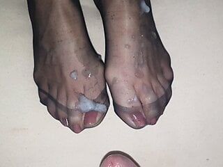 Cum on wife's nylon feet