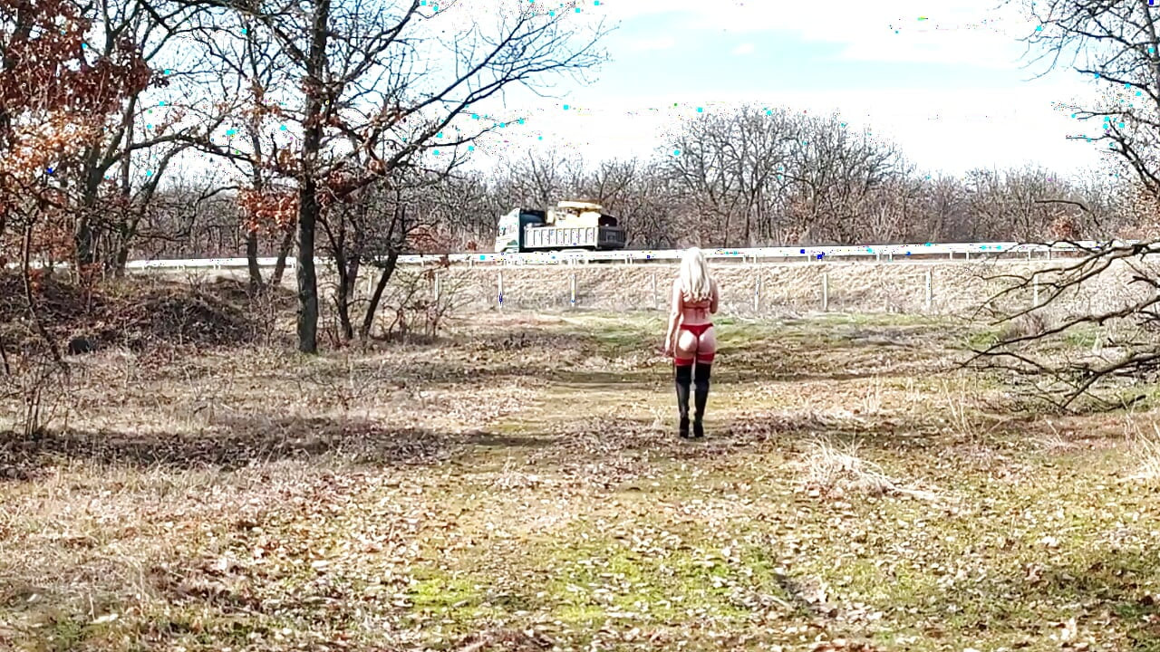 Little Whore Strips off Her Red Bodysuit on the Highway Part 1