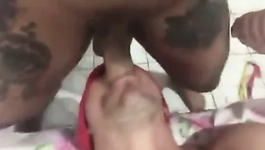 Thick cock Latina TS chokes guy, throatfucks him