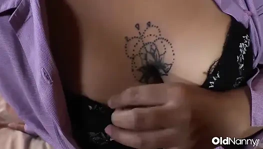 Curvy Latina Granny Glasses Masturbates With Toy on Bed